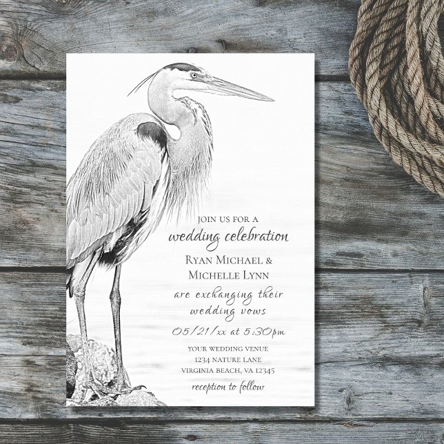 Beautiful Blue Heron Water Bird Sketch Wedding Invitation (Creator Uploaded)