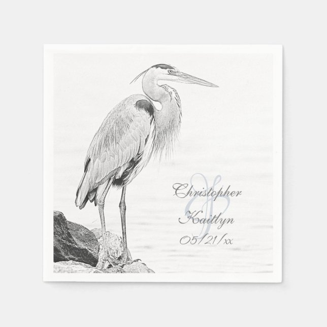 Beautiful Blue Heron Water Bird Sketch Wedding Napkin (Front)
