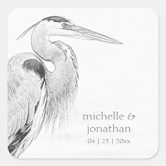 Beautiful Blue Heron Water Bird Sketch Wedding Square Sticker