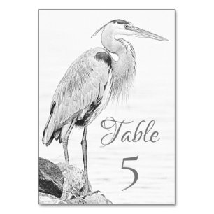 Beautiful Blue Heron Water Bird Sketch Wedding Table Number