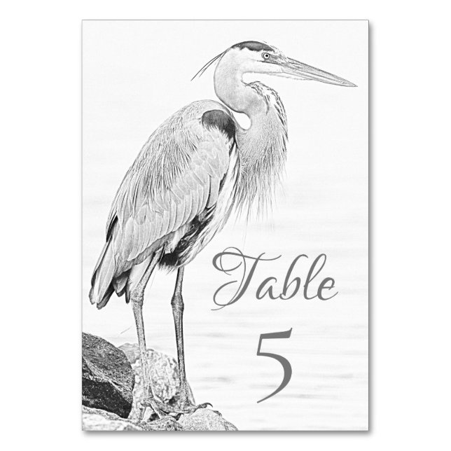 Beautiful Blue Heron Water Bird Sketch Wedding Table Number (Front)