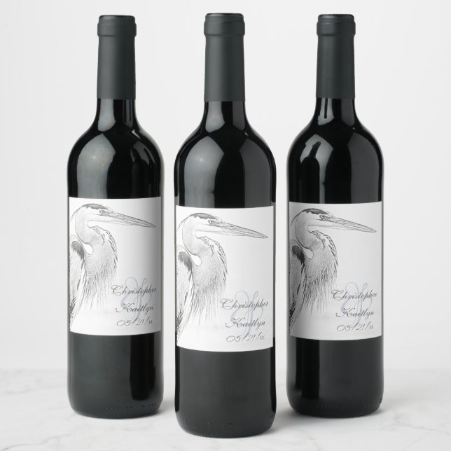 Beautiful Blue Heron Water Bird Sketch Wedding Wine Label (Bottles)