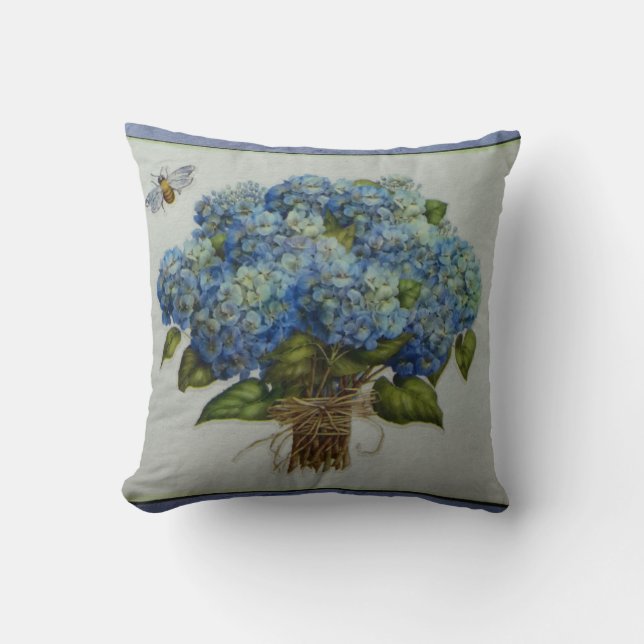 beautiful blue hydrangeas with a bee throw pillow (Front)