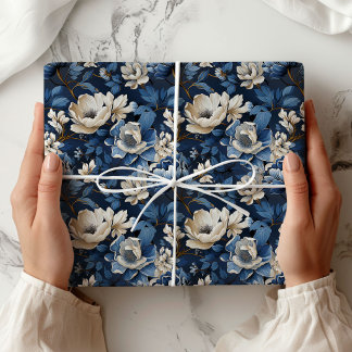 Beautiful Blue Ivory Floral Decorative Wrapping   Paper