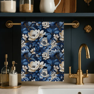 Beautiful Blue Ivory Floral Elegant Kitchen Towel