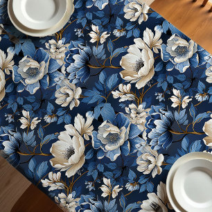 Beautiful Blue Ivory Floral Elegant Tablecloth