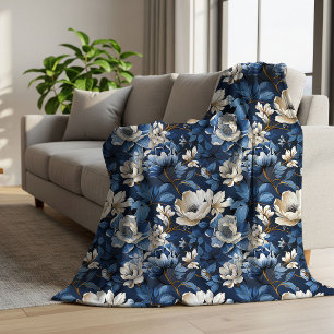 Beautiful Blue Ivory Floral Plush Sherpa Blanket