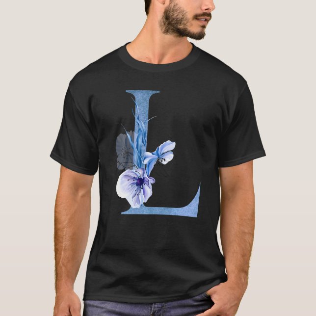 Beautiful Blue L Letter Flowers Initial Floral Mon T-Shirt (Front)