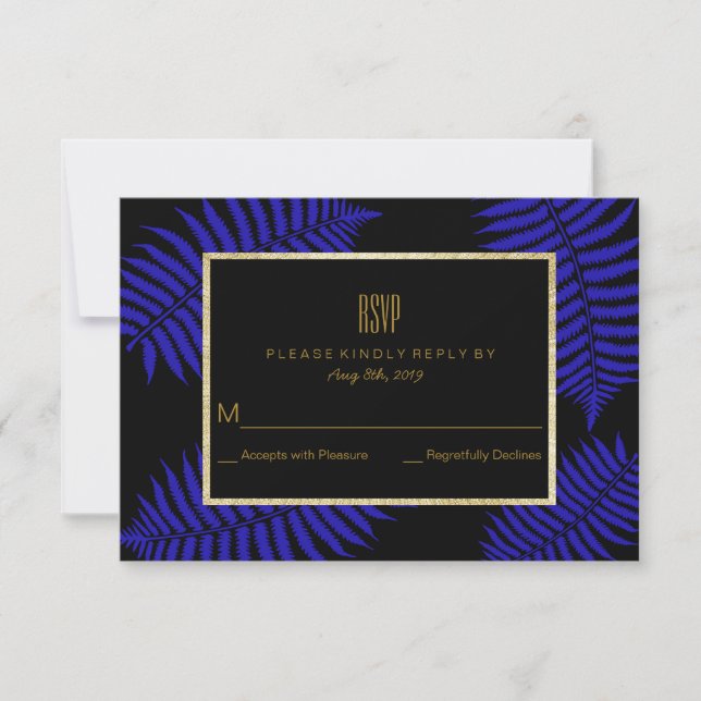 Beautiful Blue Leaf Bracken Wedding RSVP Card (Front)