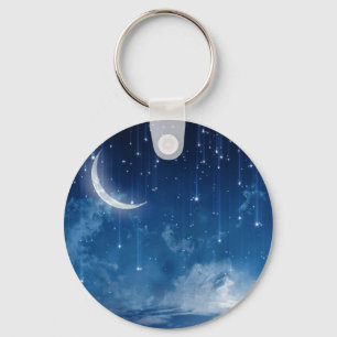 Beautiful blue night sky & crescent moon keychain