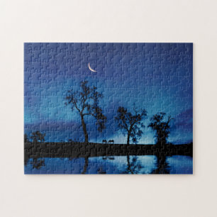 Beautiful Blue Night Sky with Horses and Oak Trees Jigsaw Puzzle