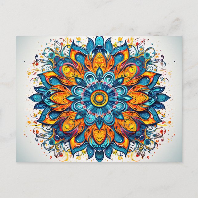 Beautiful Blue Orange Mandala Geometric Pattern Postcard (Front)