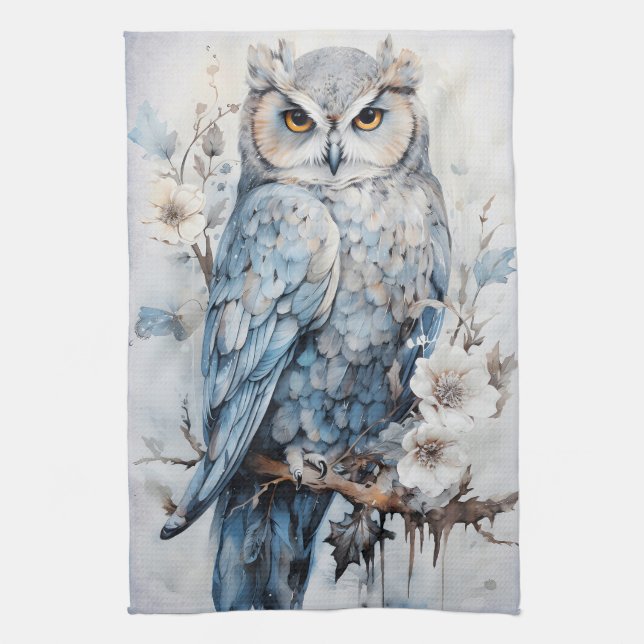 Beautiful Blue Owl On A Branch Christmas Kitchen Towel (Vertical)