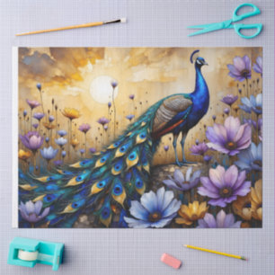 Beautiful Blue Peacock in Floral Landscape Tissue Paper