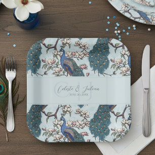 Beautiful Blue Peacocks & Magnolia Flowers Blue Paper Plate