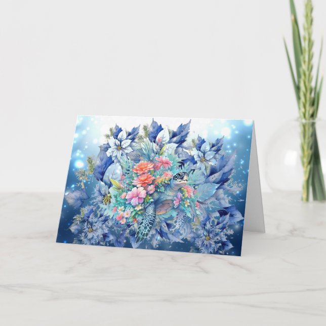 Beautiful Blue Poinsettias & Sea Turtle Note Card (Front)
