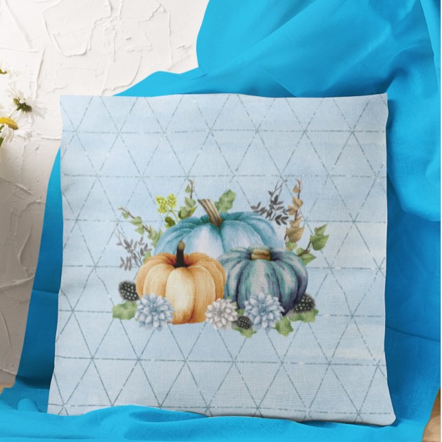 Beautiful Blue Pumpkin Patch Glitter Autumn Throw Pillow (Creator Uploaded)