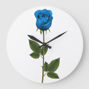 Beautiful Blue Rose with Stem and Leaves Large Clock