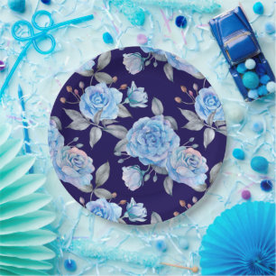 Beautiful blue roses, navy blue background, paper plate