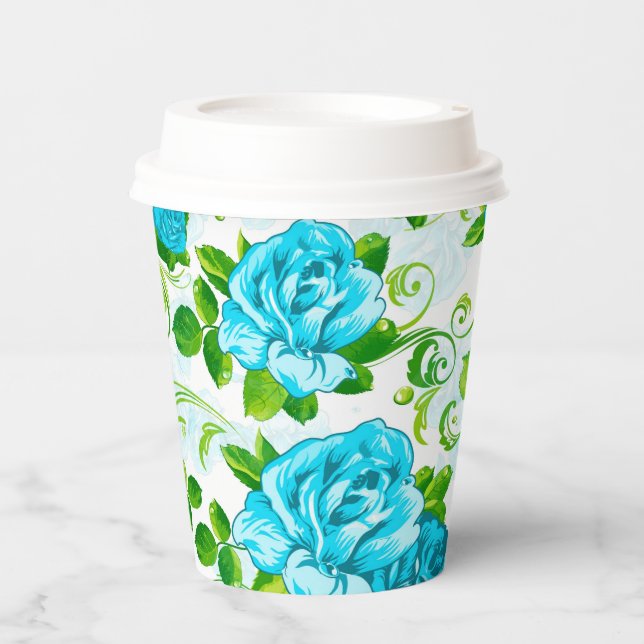 Beautiful Blue Roses With Green Leafs Paper Cup (Front)