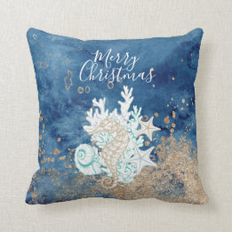 Beautiful blue sand colour coastal custom Christma Throw Pillow