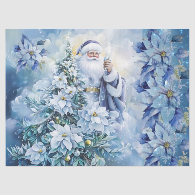 Beautiful Blue Santa & Poinsettias Decoupage Tissue Paper (Front)