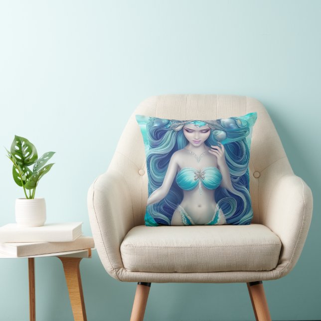Beautiful Blue Seashell Mermaid Graphic Throw Pillow (Chair)