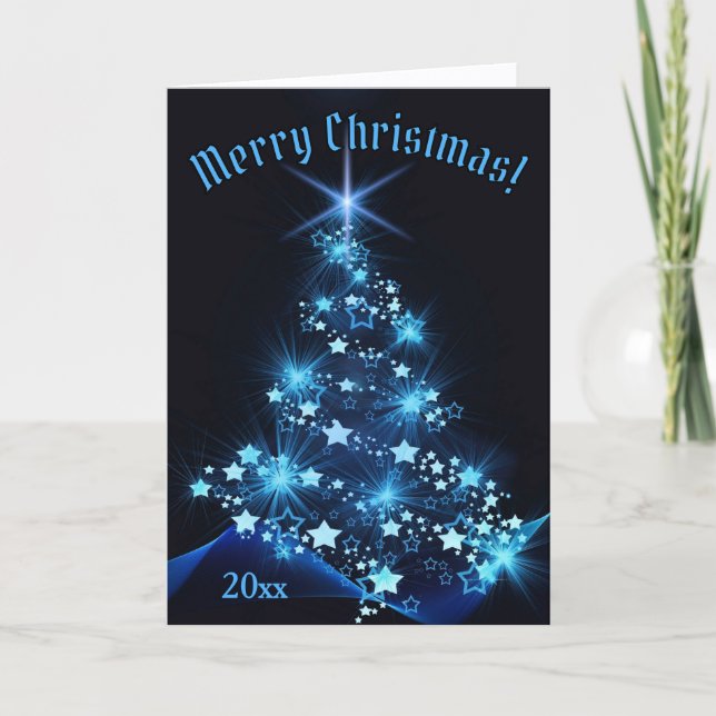 Beautiful Blue Shinning Stars on Christmas Tree   Card (Front)