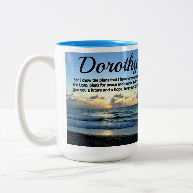 BEAUTIFUL BLUE SKIES PERSONALIZED JEREMIAH 29:11 Two-Tone COFFEE MUG (Left)
