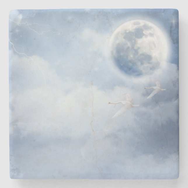 Beautiful Blue Sky with Flying Swans Stone Coaster (Front)