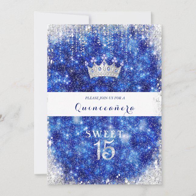 Beautiful Blue Sparkle Glitter Quinceanera Crown Invitation (Front)