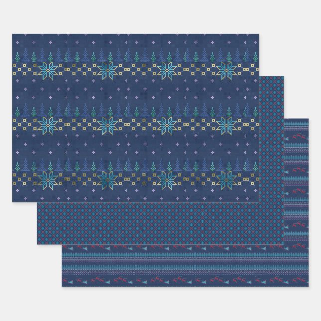 Beautiful Blue Sweater Knit Pattern Wrapping Paper Sheet (Set)