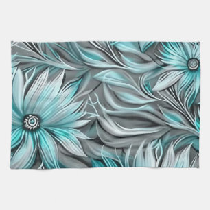 Beautiful Blue Teal Floral Print Kitchen Towel