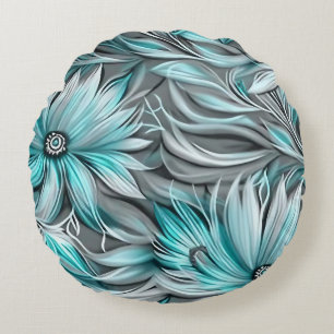 Beautiful Blue Teal Floral Print Round Pillow