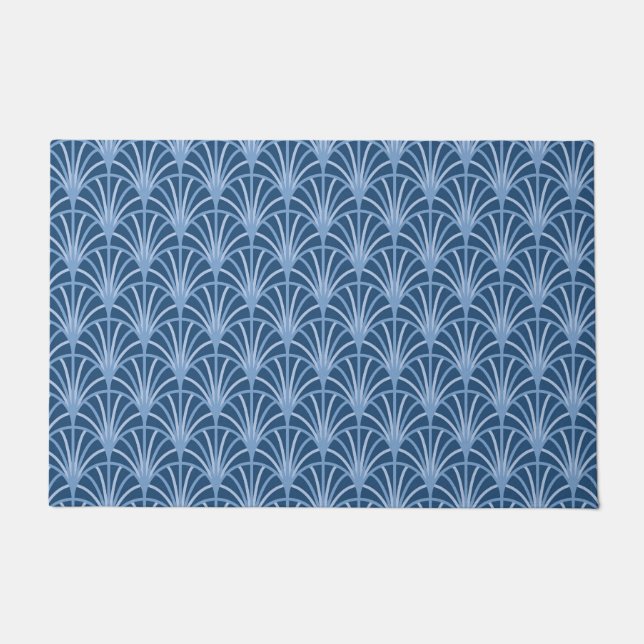 Beautiful Blue Vintage Japanese Fan Pattern Doormat (Front)