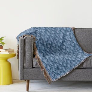 Beautiful Blue Vintage Japanese Fan Pattern Throw Blanket