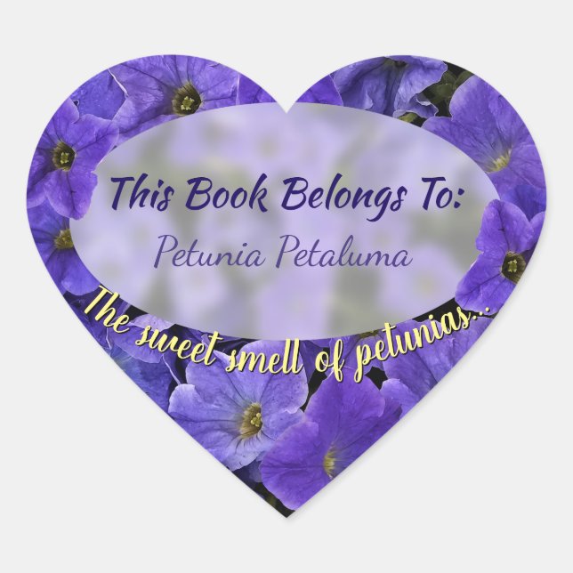 Beautiful Blue Violet Petunia Flowers Bookplate Heart Sticker (Front)