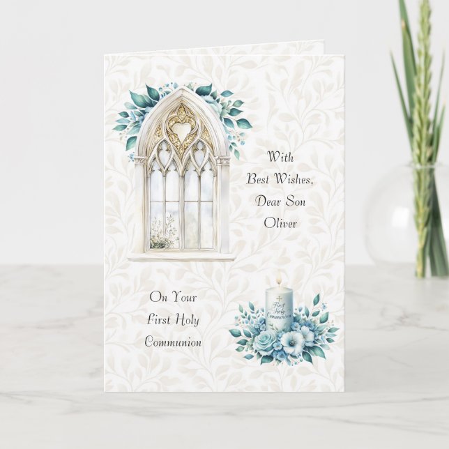 Beautiful Blue Watercolor First Communion Greeting Card (Front)