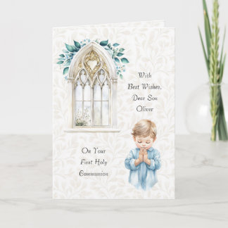 Beautiful Blue Watercolor First Communion Greeting Card