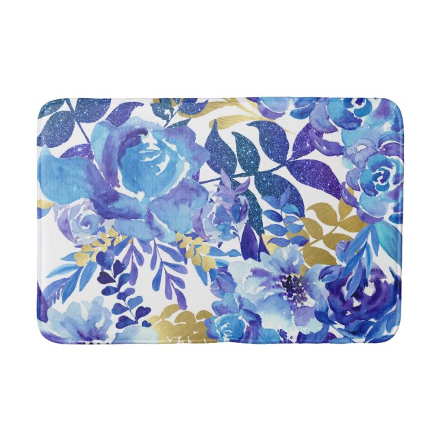 Beautiful Blue Watercolor Floral Bath Mat (Front)