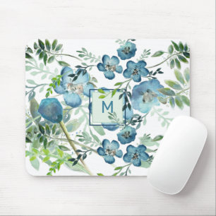 Beautiful Blue Watercolor Floral With Initial Mouse Pad