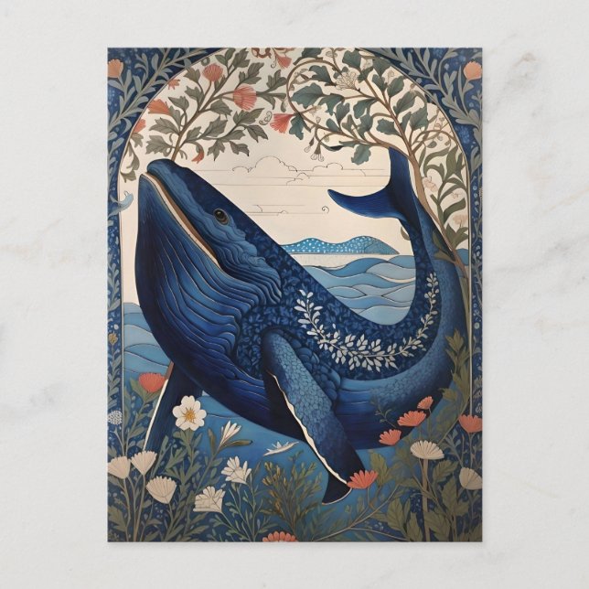 Beautiful Blue Whale William Morris Inspired Postcard (Front)
