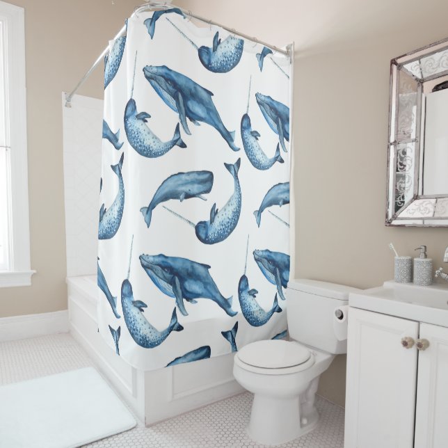 Beautiful Blue Whales and Narwhals Shower Curtain (In Situ)
