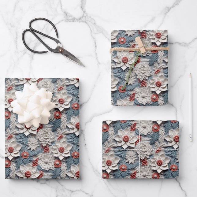 Beautiful Blue White and Red 3D  Poinsettia Wrapping Paper Sheet (Front)