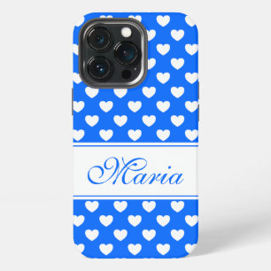 Beautiful Blue White Hearts Pattern And Your Name iPhone 13 Pro Case