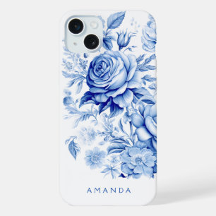 Beautiful Blue/White Personalized Roses iPhone 15 Plus Case