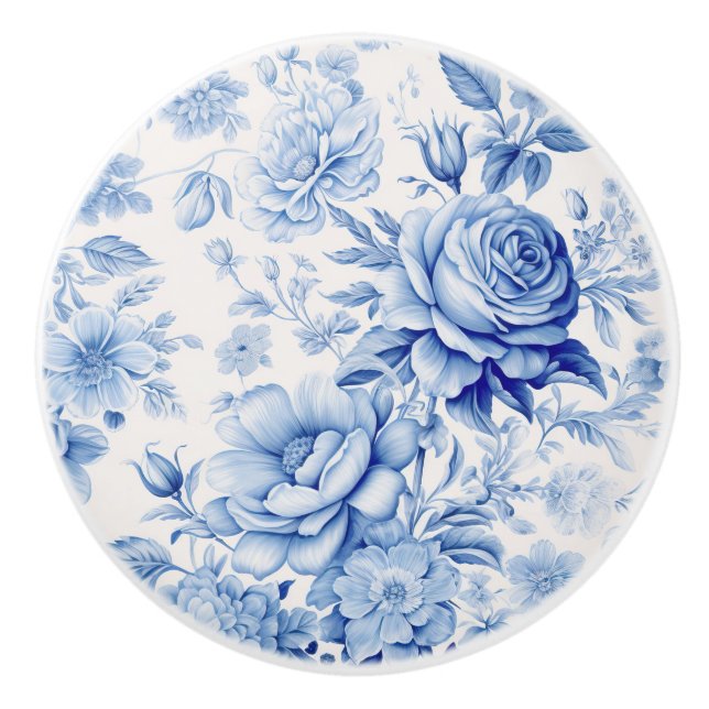 Beautiful Blue & White Roses & Wildflowers Ceramic Knob (Front)