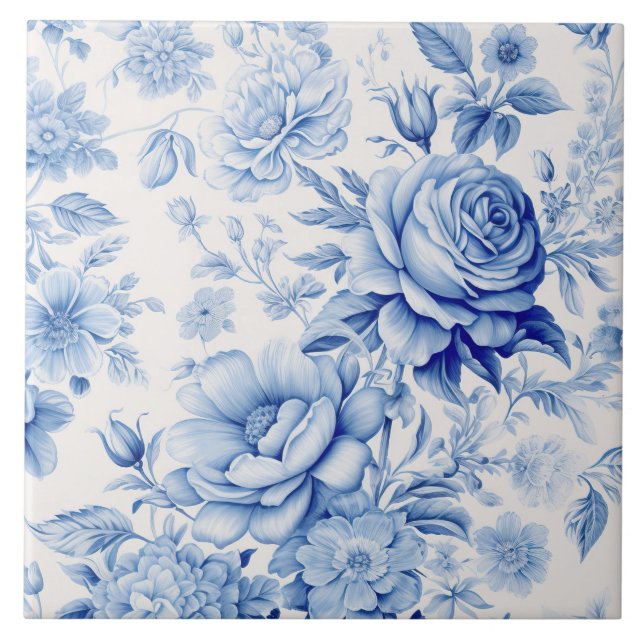 Beautiful Blue & White Roses & Wildflowers Tile (Front)