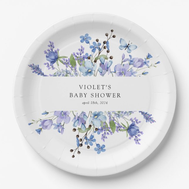 Beautiful Blue Wildflower Baby Shower Paper Plate (Front)