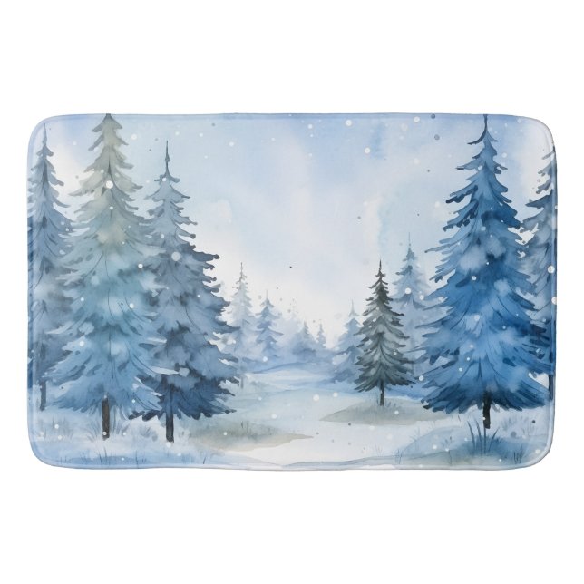 Beautiful Blue Winter Woods Scene Bath Mat (Front)